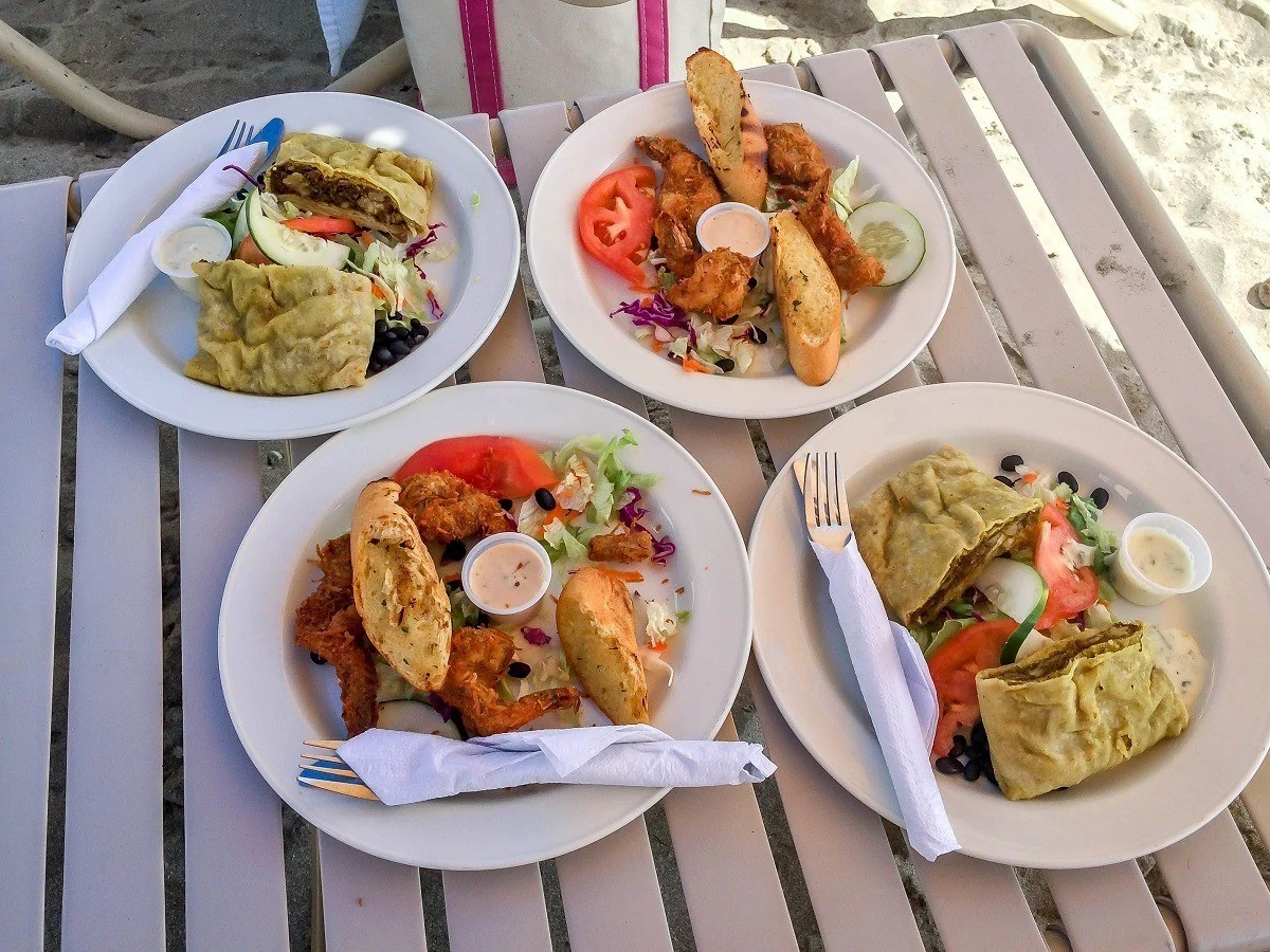 Lunch of cocunut shrimp and the chicken roti