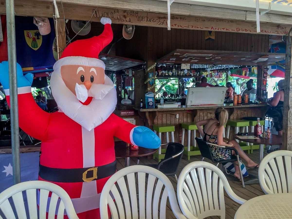 A blow up Santa at the Reggae Beach Bar in St. Kitts