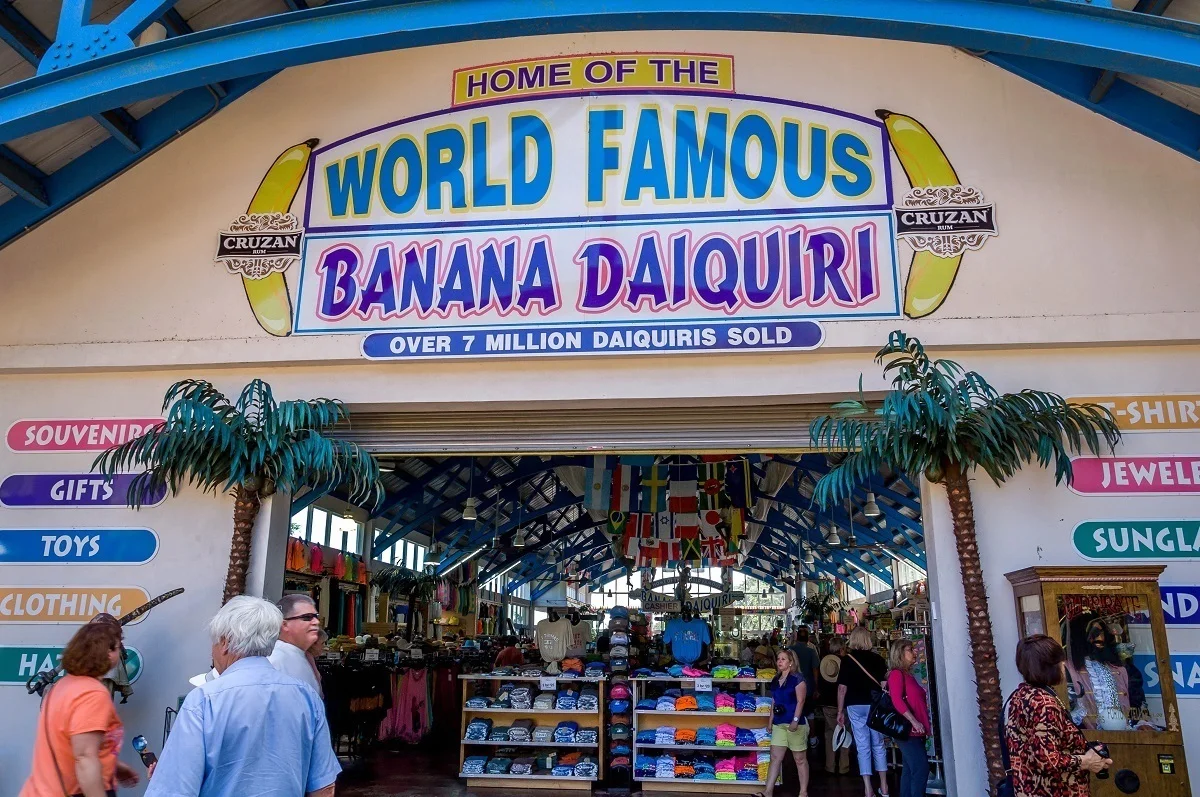 Entrance to a gift shop with a sign: Home of the World Famous Banana Daiquiri; Over 7 Million Daiquiris Sold