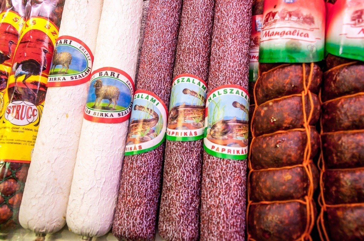 Salami, including Mangalica salami, at the Budapest Central Market