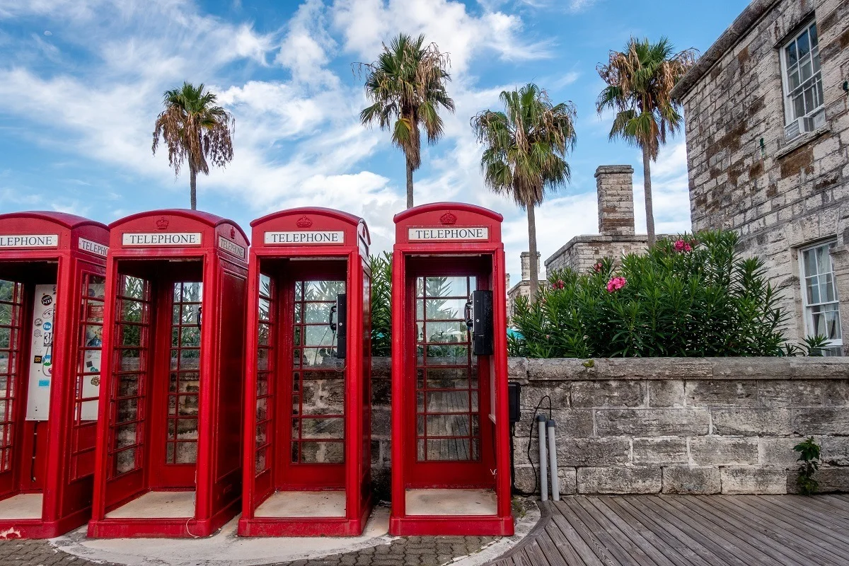 Red British-style phone booths with palm trees 