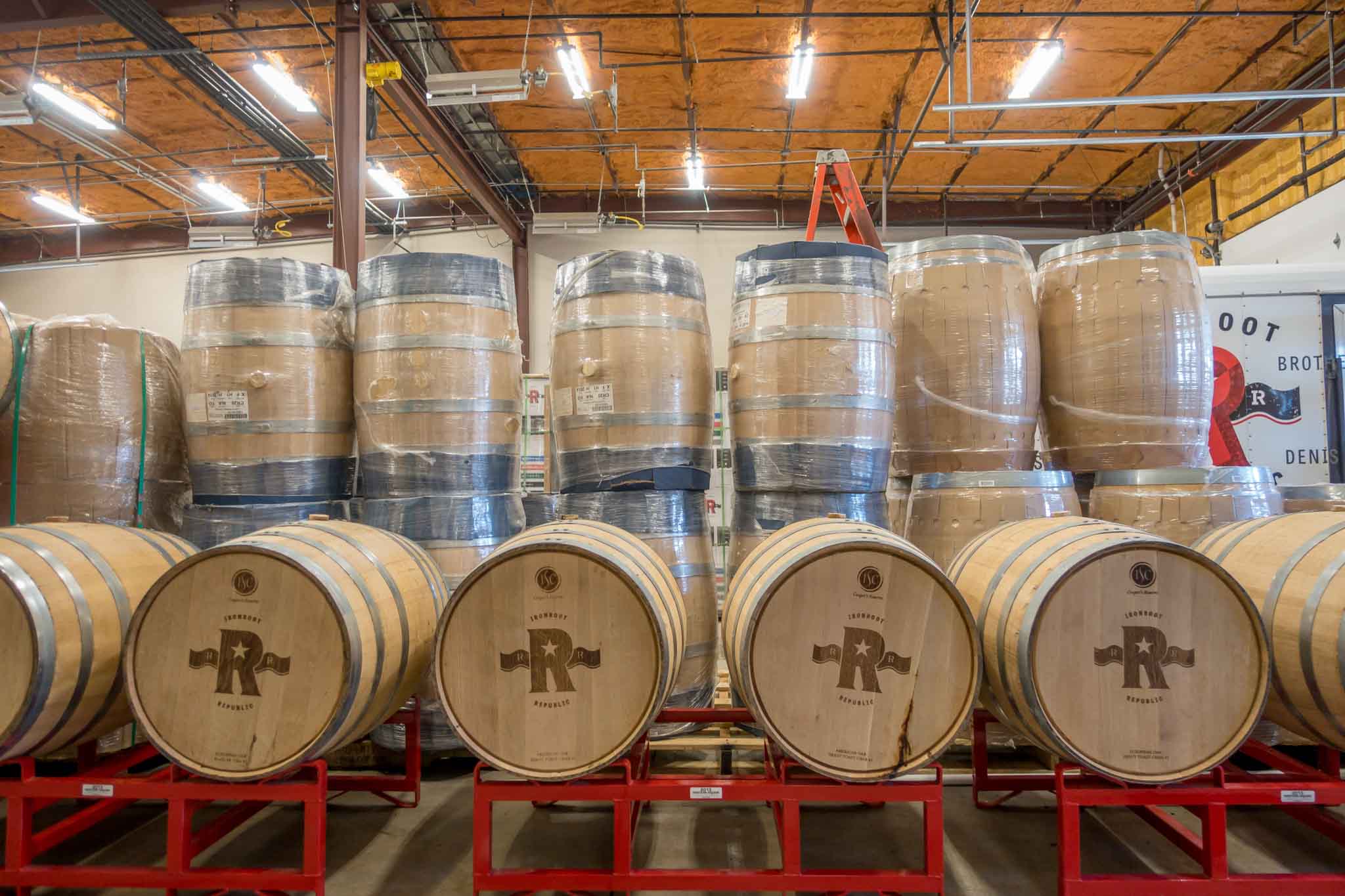 Barrels at Ironroot Republic Distillery in Denison, Texas