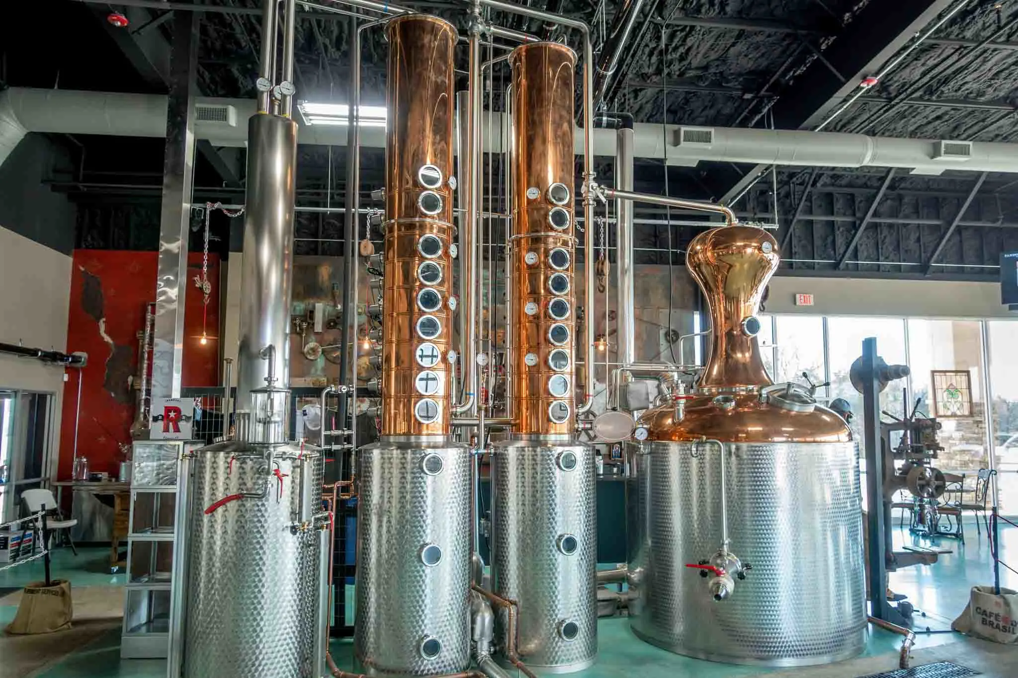 Copper columns of a vodka still at Ironroot Republic Distillery