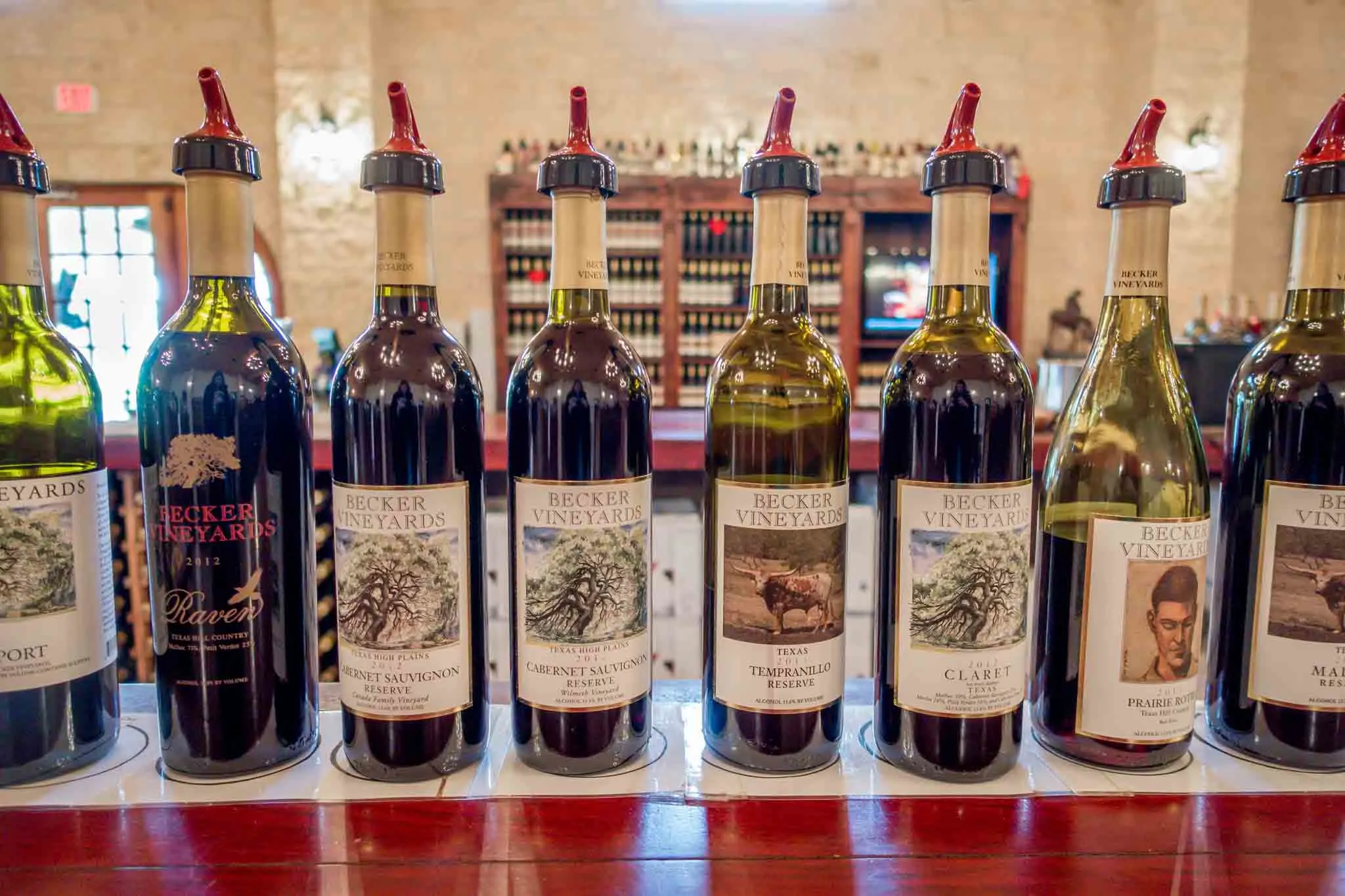 Wine bottles from Becker Vineyards, one of the largest Fredericksburg wineries
