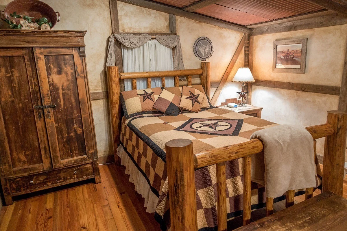 Bedroom of the Llano cabin at the Cotton Gin Village