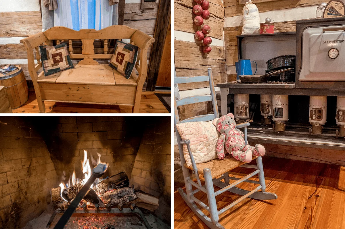 Furniture and roasting marshmallow in fireplace