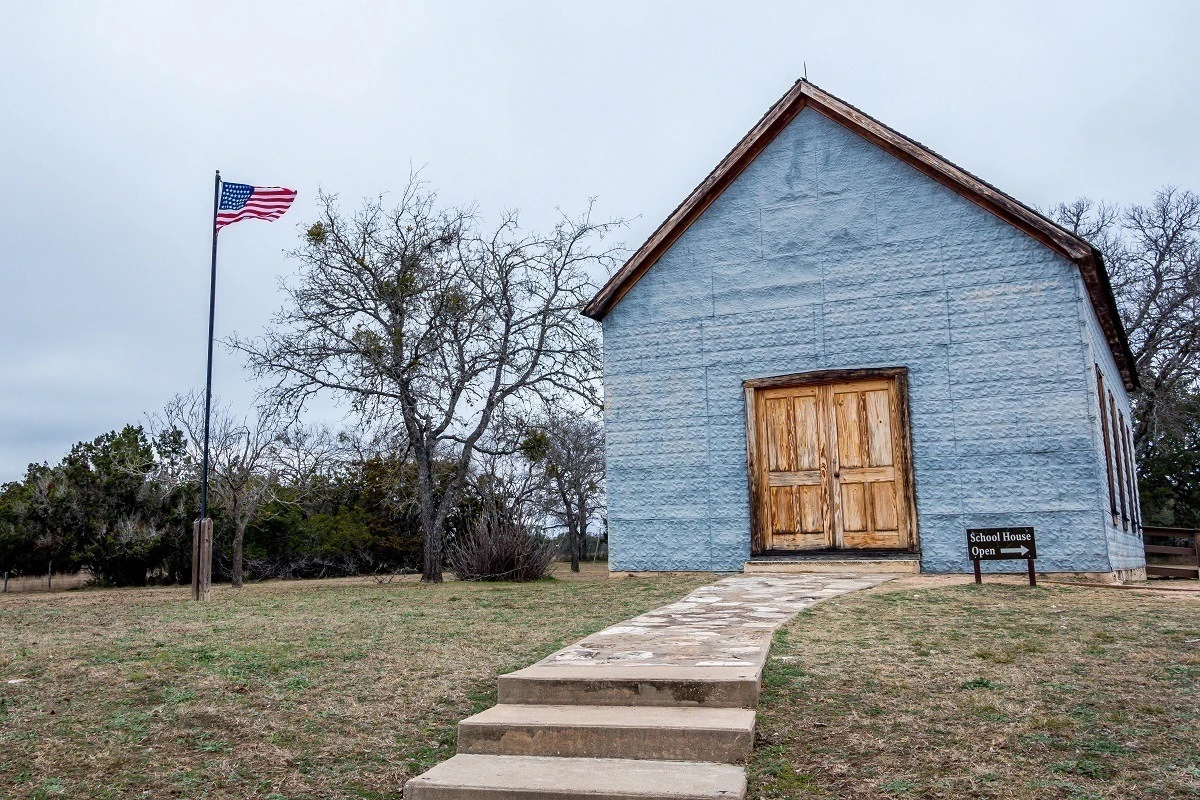 One-room school house flying the American flag