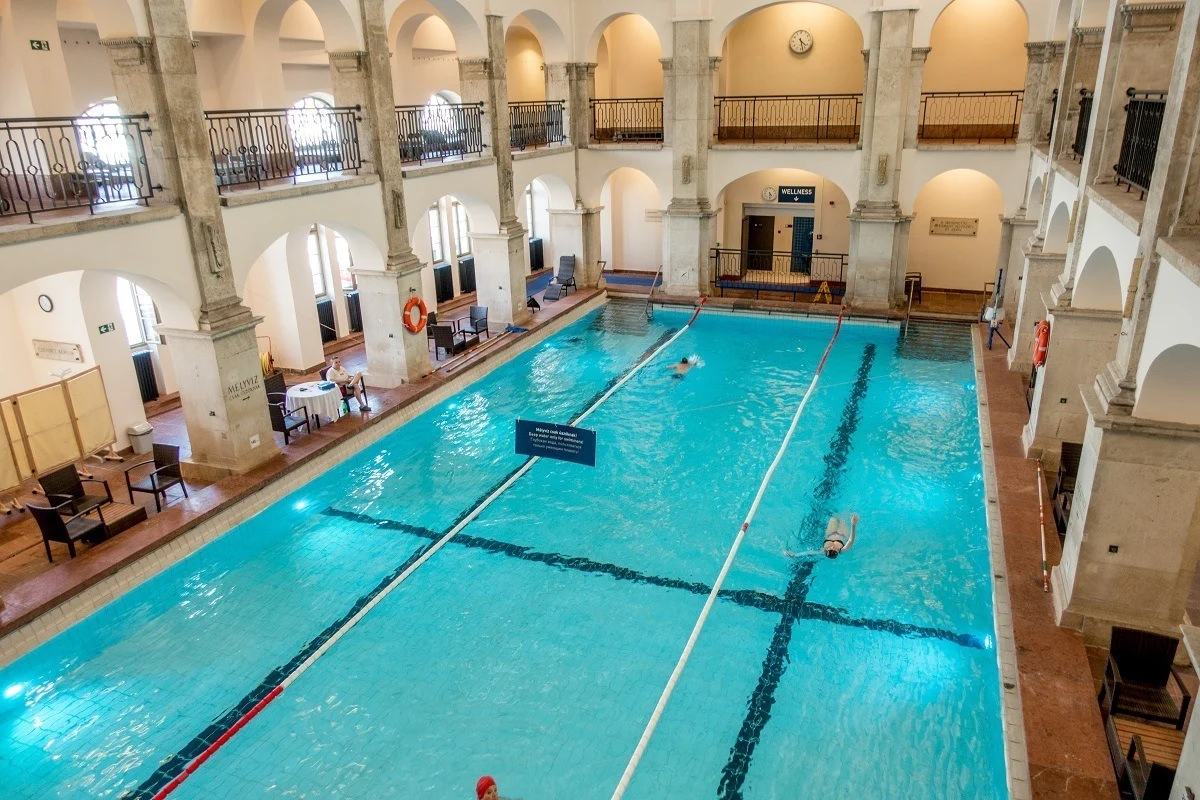 Overhead view of an indoor swimming pool 