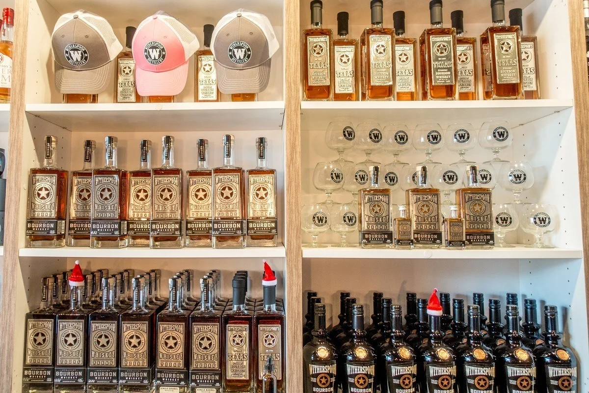 Texas bourbon and other products on shelves