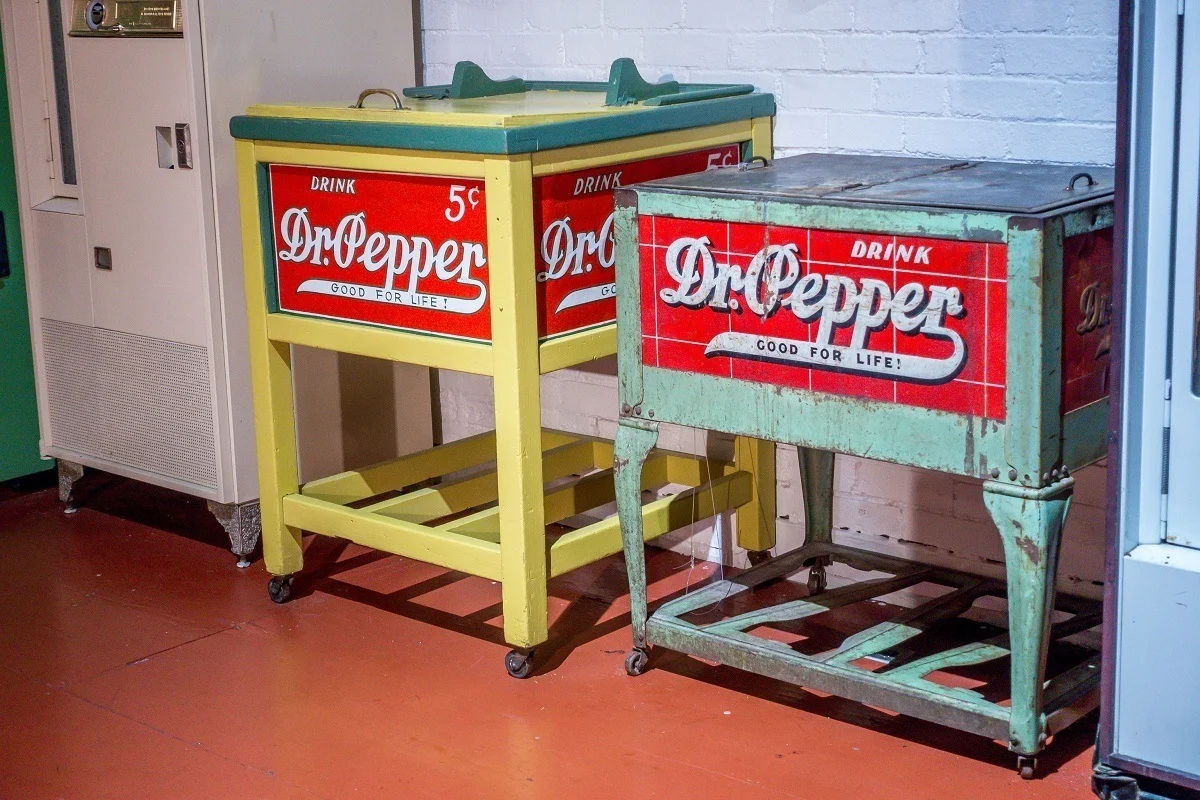 Vintage Dr. Pepper coolers in the museum in Waco