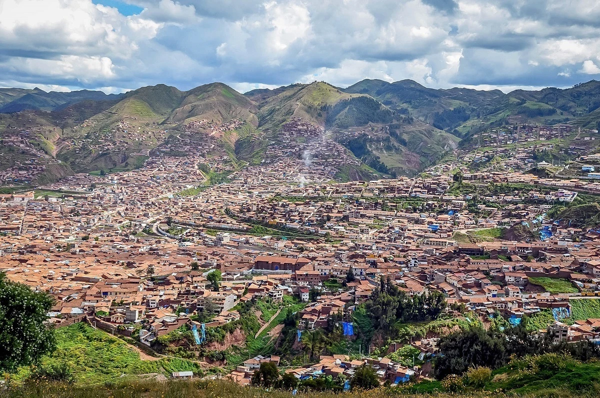 Buildings on hillsides and in a valley