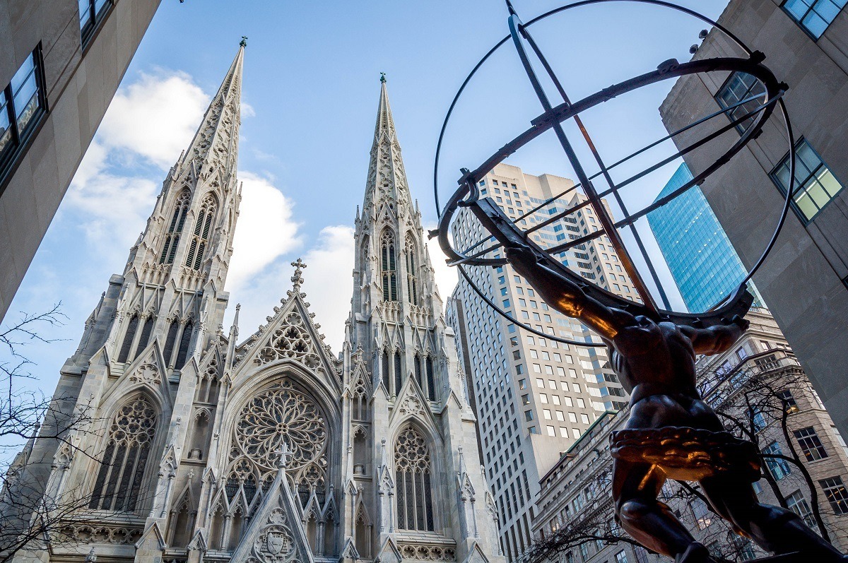 Statue of Atlas looking out on St. Patrick's Cathedral in New York City
