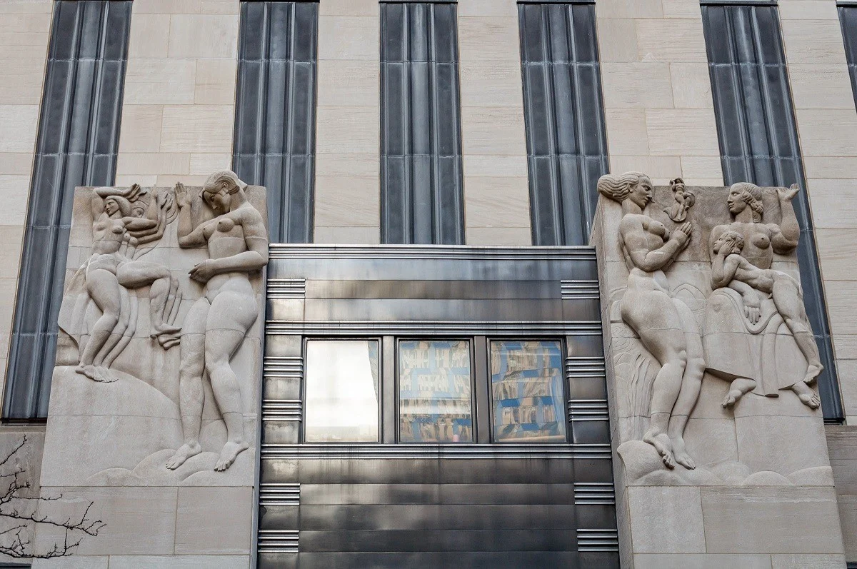Television and radio reliefs above the entrance to 30 Rockefeller Plaza
