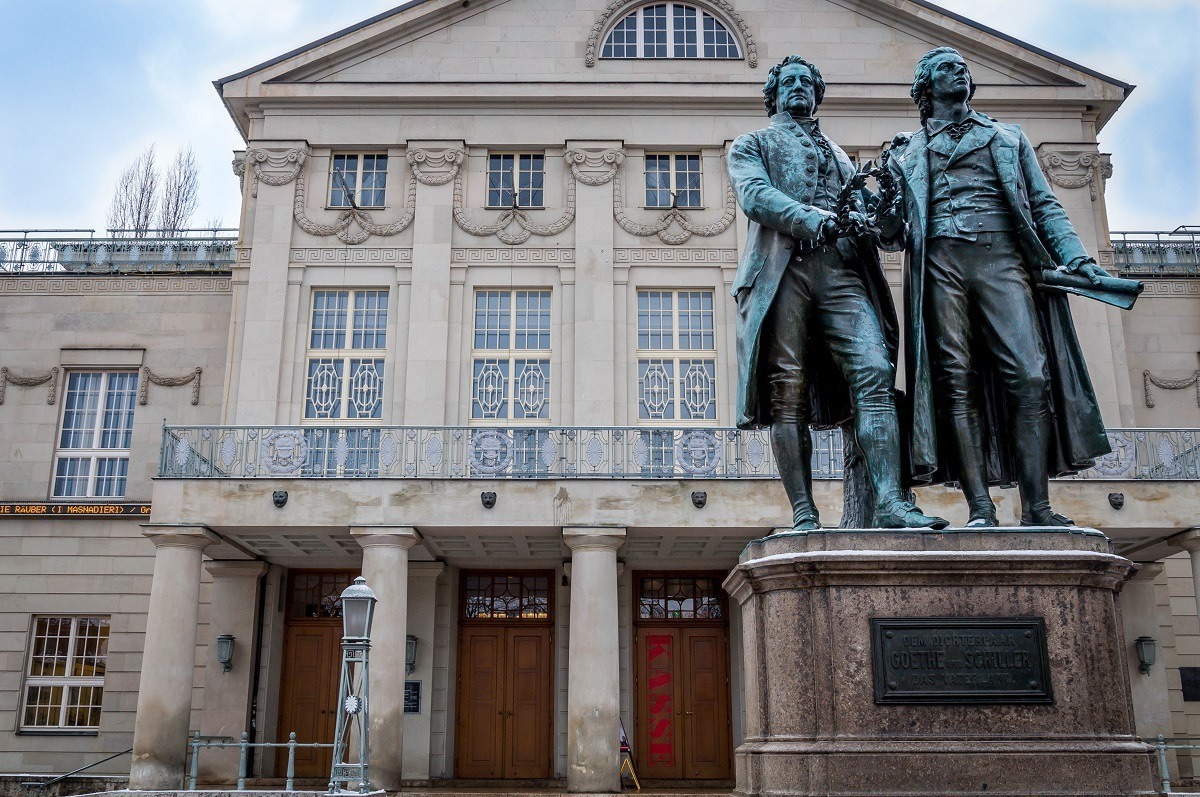 The Goethe-Schiller statue of Classical Weimar in front of Germany's National Theater