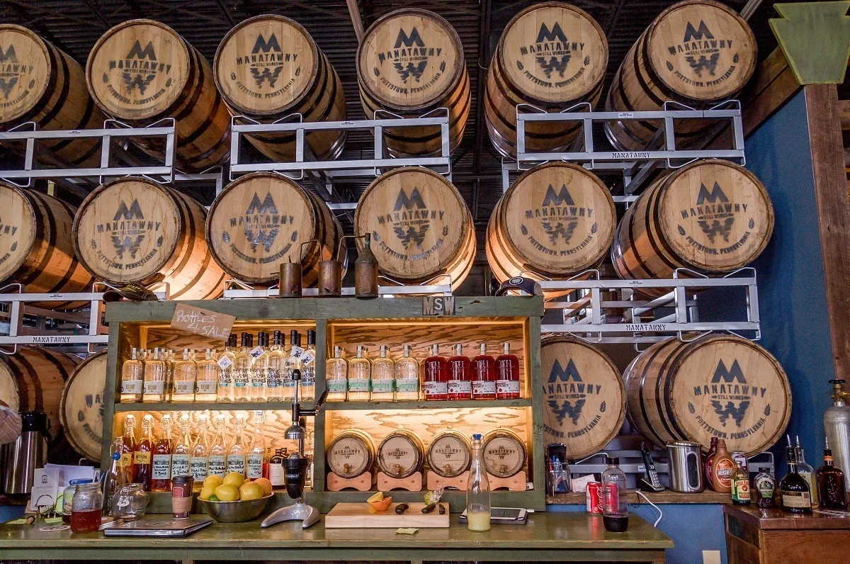 One of the most famous Pennsylvania distilleries is the Manatawny Still Works, which features a large bar to sample their products.