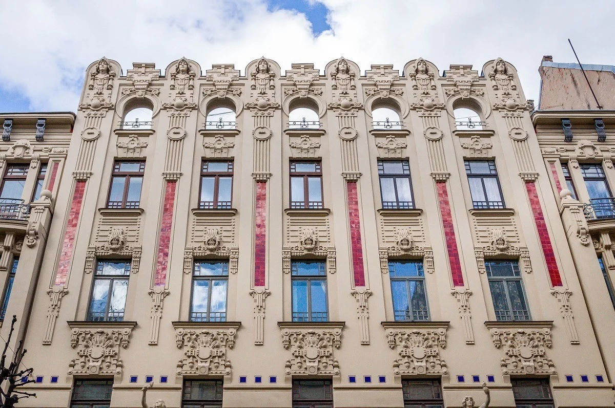 Art Deco details with faces and designs at Alberta Street 2a in Riga Latvia