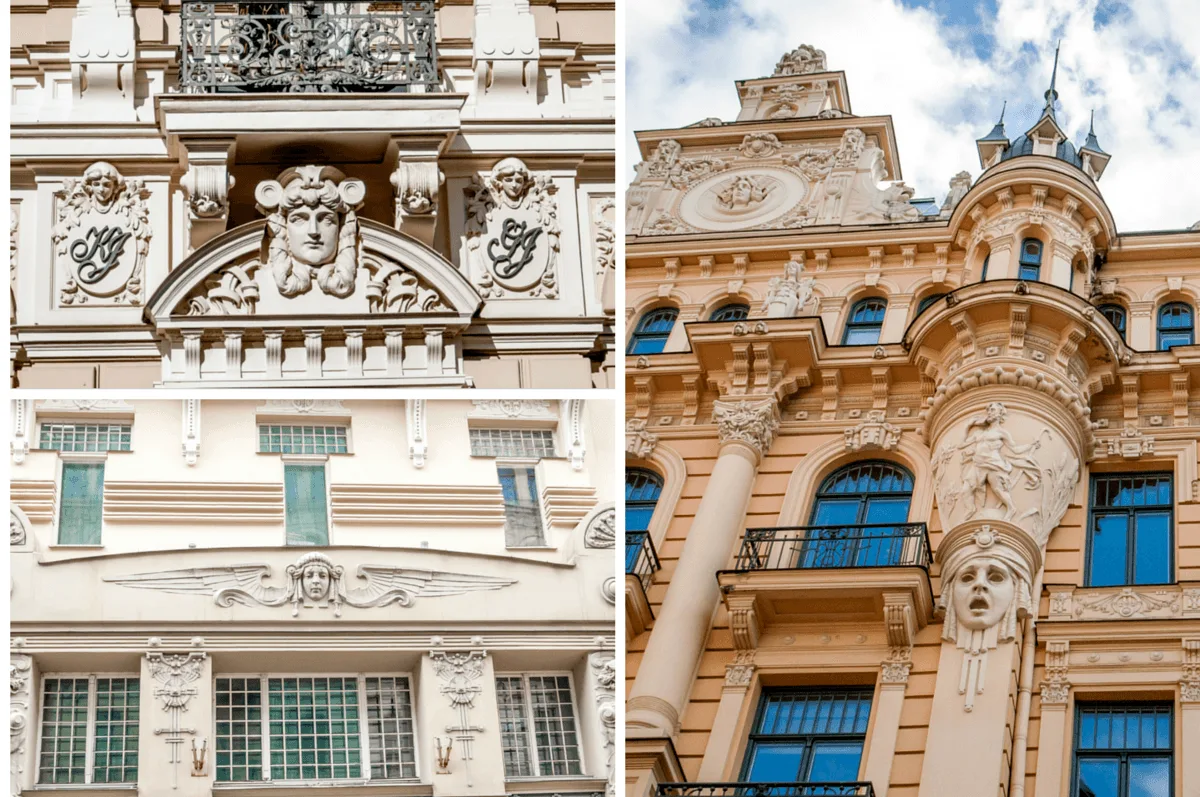 Human faces in relief on buildings in Riga Latvia