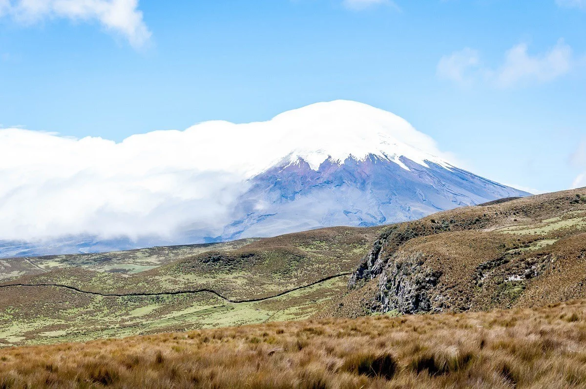 The deep valley on Rumiñahui with Cotopaxi in the distance