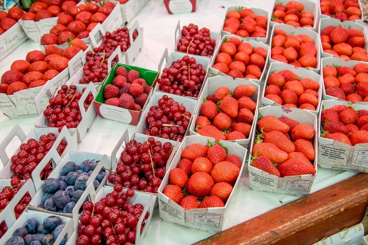 Fruit and berries for sale at the Les Halles market in Nimes, France