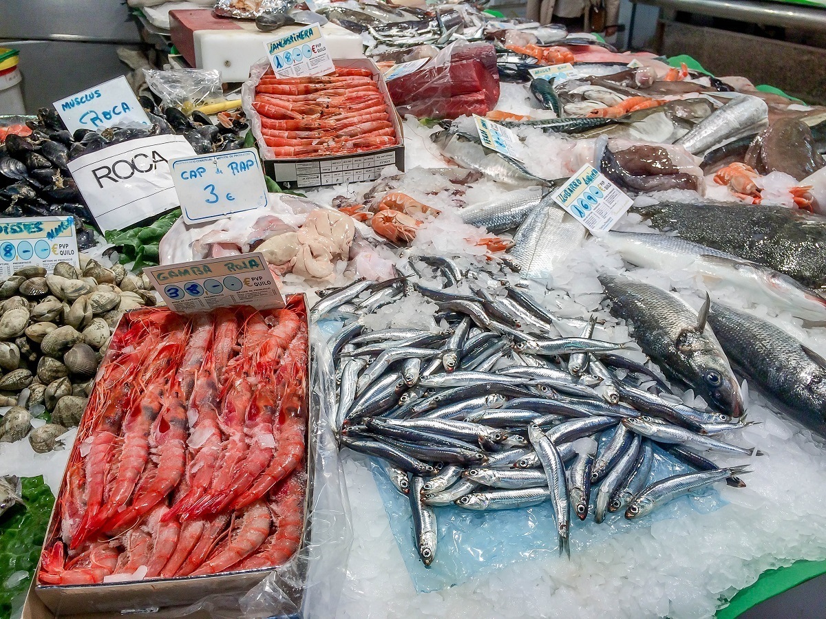Table of seafood in the l'Abaceria Central Market (Mercat de l'Abaceria Central) in Gracia