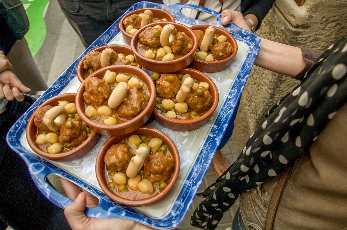 Tray of homemade meatballs (alblondigas) at La Botigueta del Bon Menjar in the Gracia neighborhood