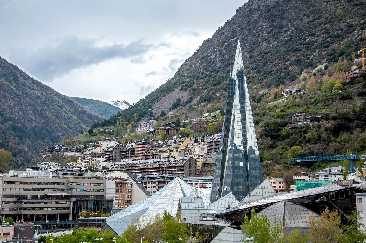The Caldea-INUU spa complex in Andorra with the Pyrenees Mountains