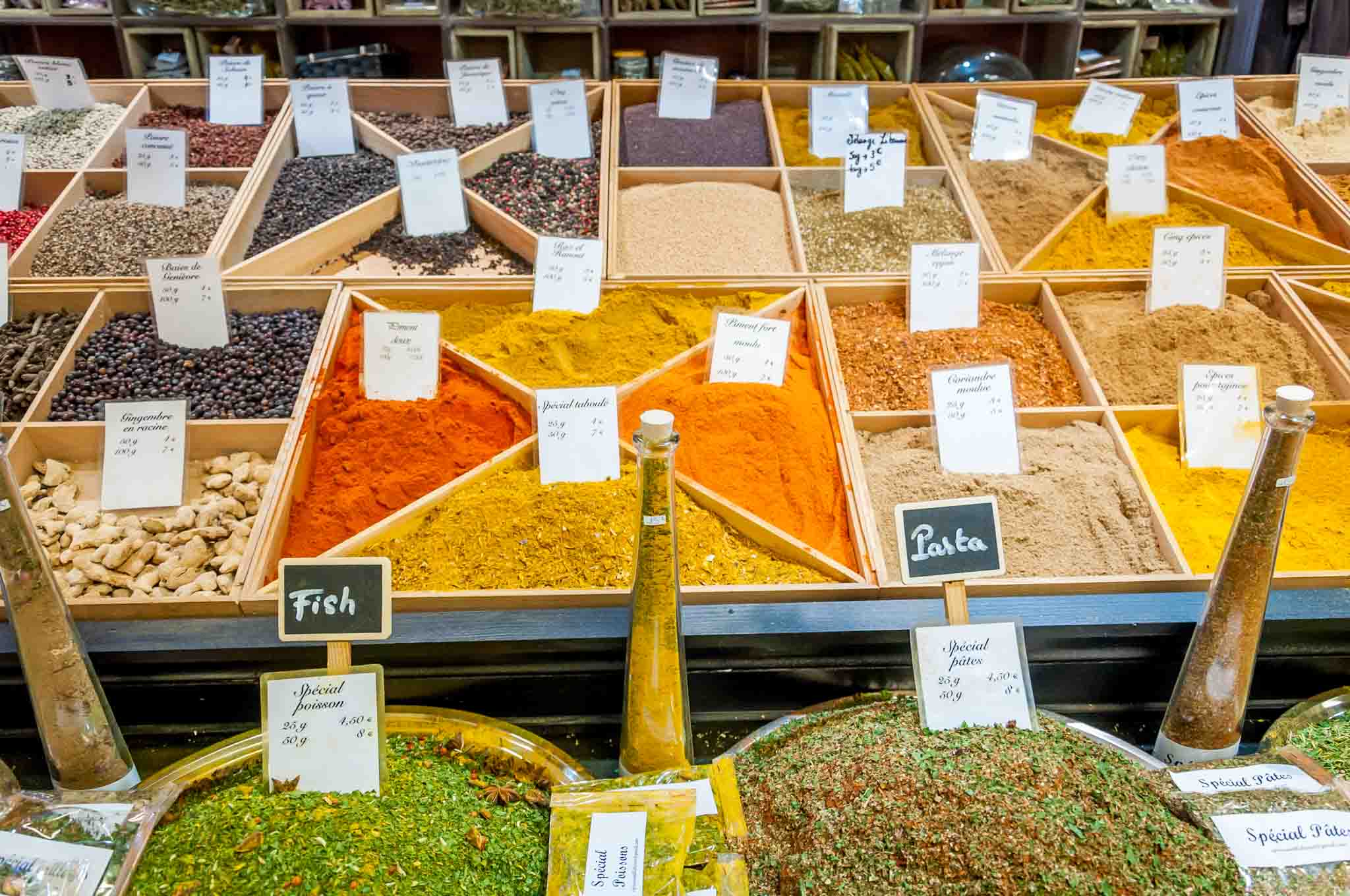 Spices for sale at the Les Halles market.
