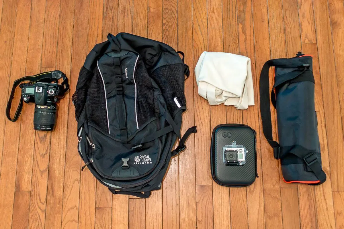 Camera, tripod, backpack, and other photography gear