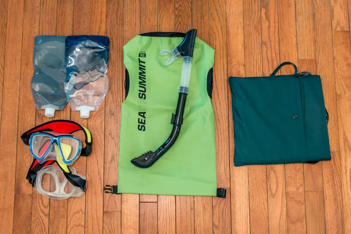 Snorkel gear and collapsible water bottles