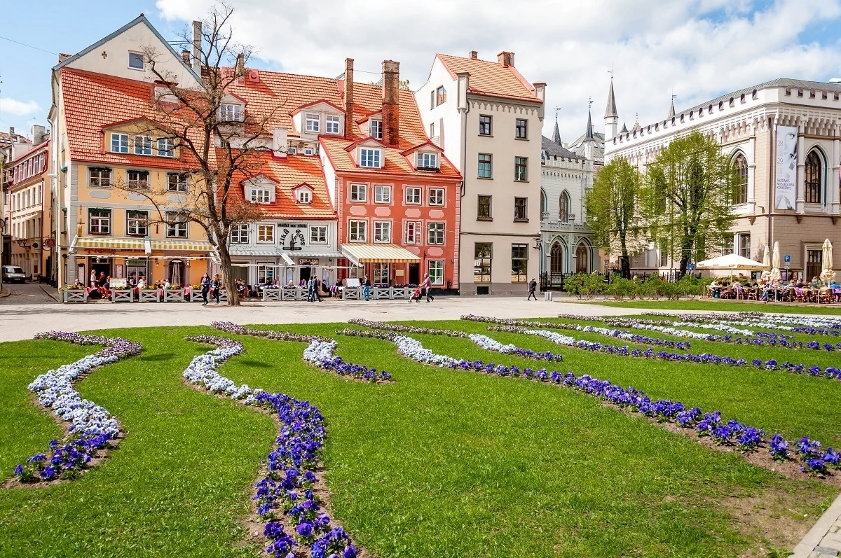 City square with flowers in the middle