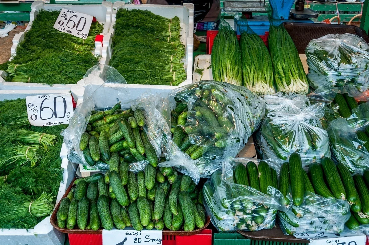 Cucumbers and herbs for sale