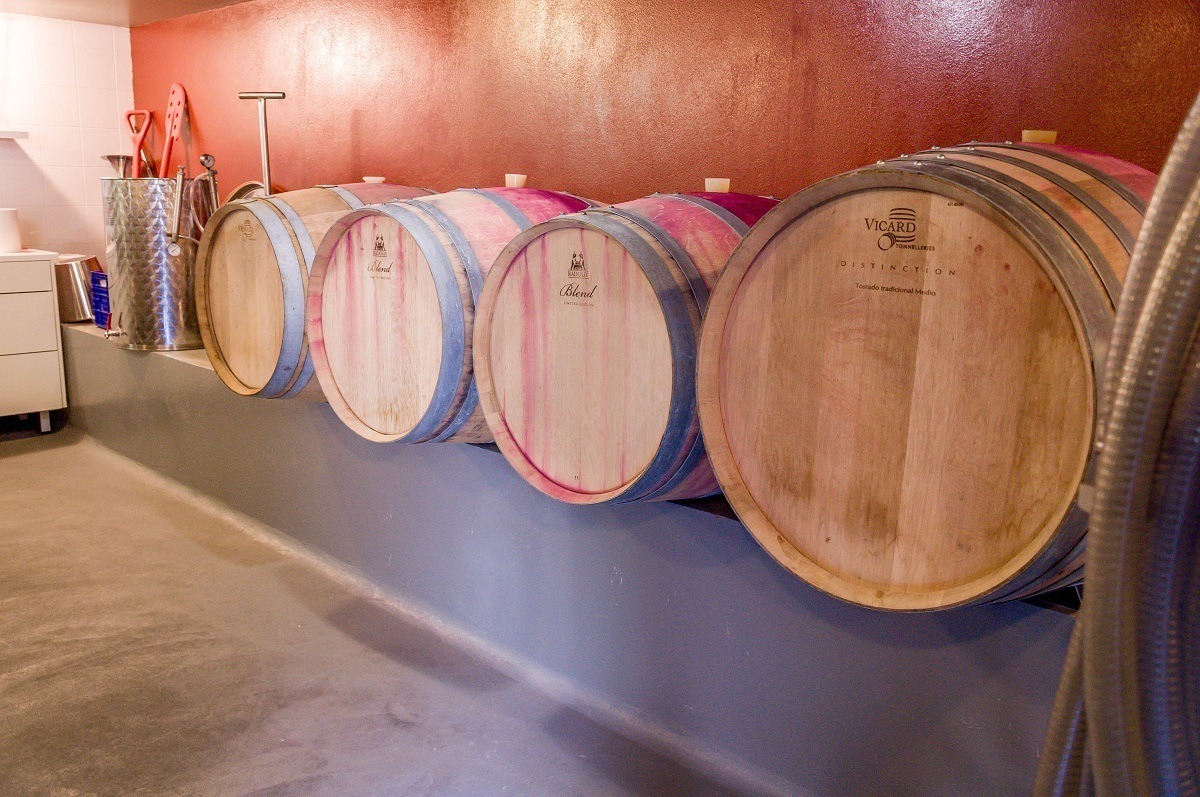 Aging barrels at a winery