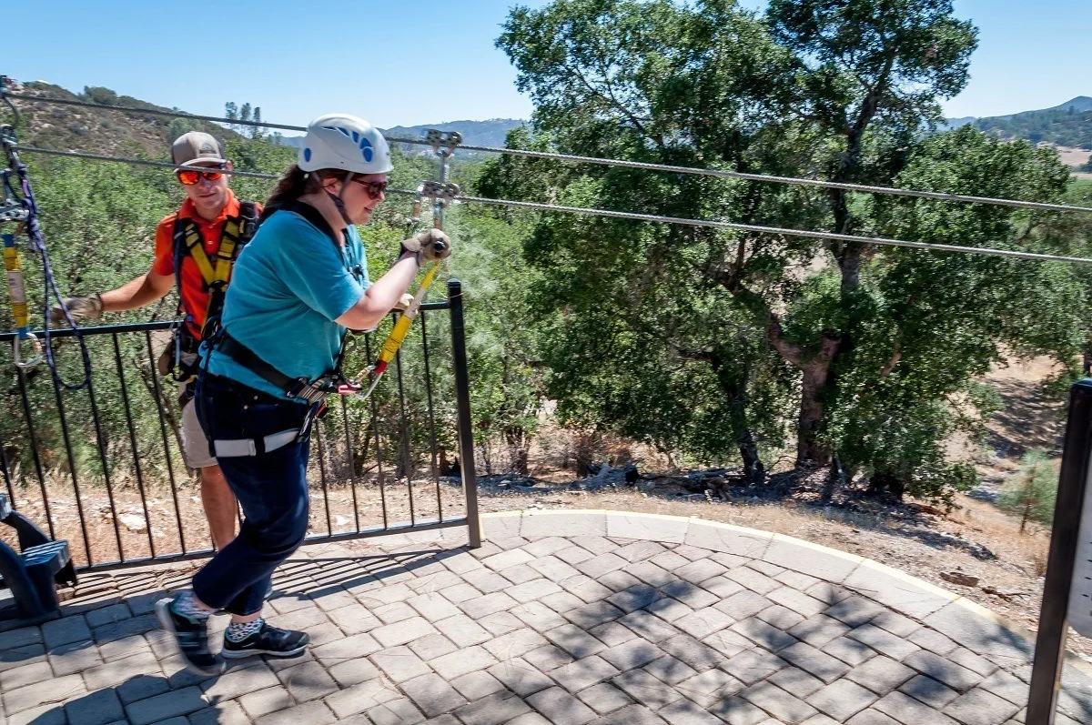 Laura getting a running start at the top of the Paso Robles zip line