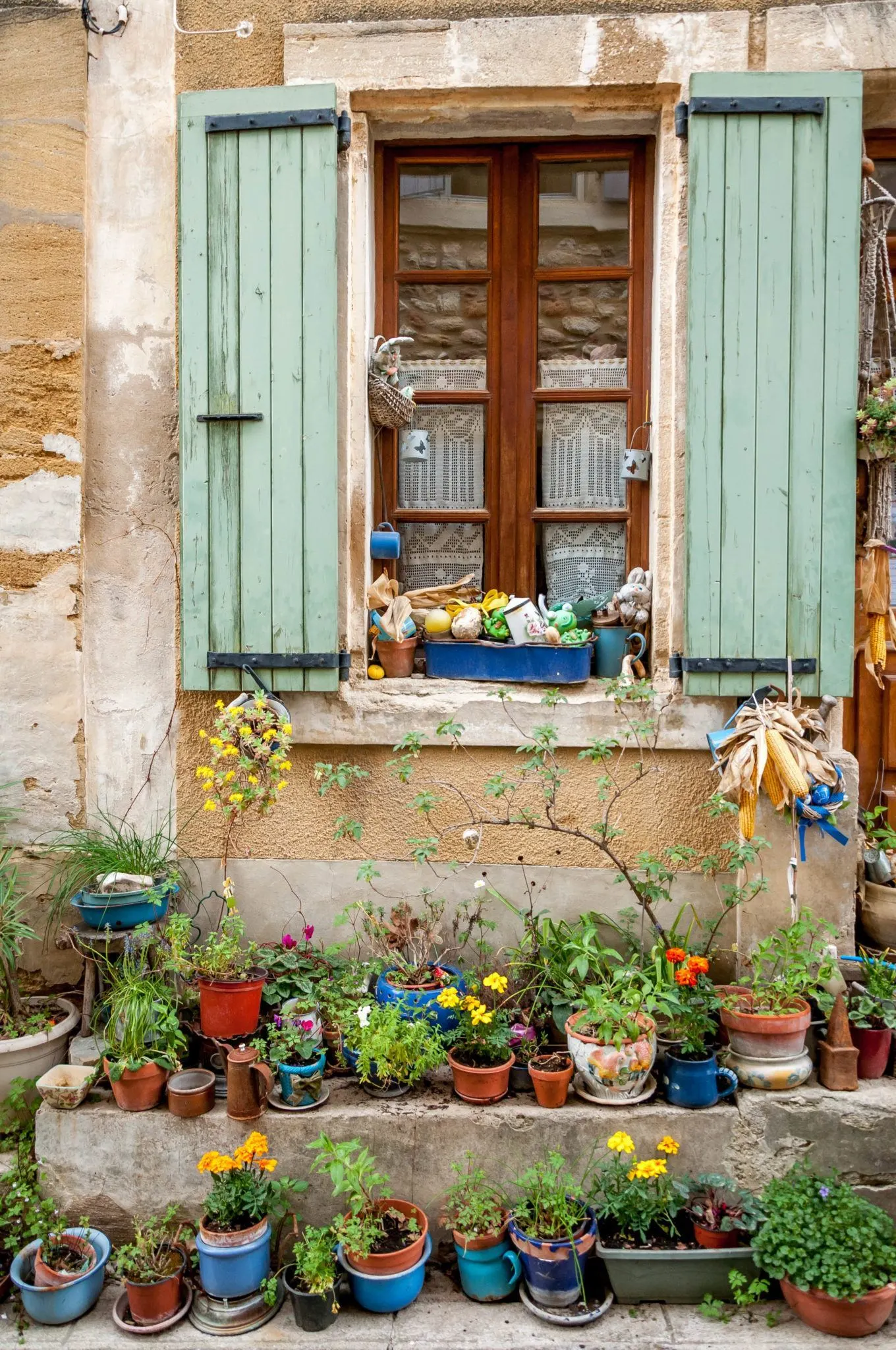 Colorful window with potted plants in Gigondas, France