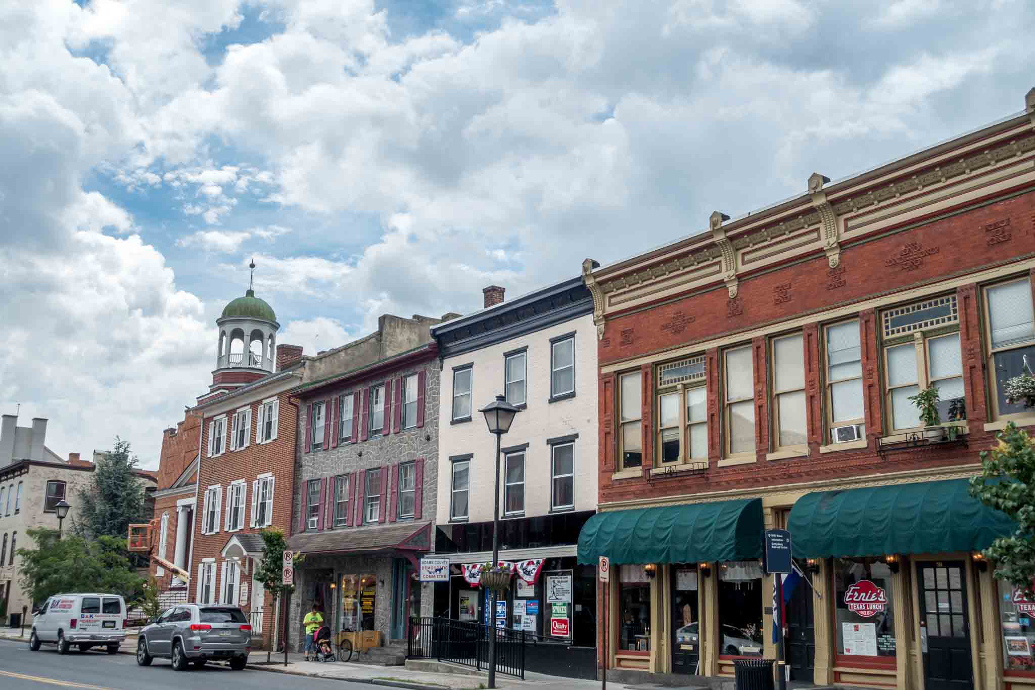 Shops along a street in downtown Gettysburg, Pennsylvania