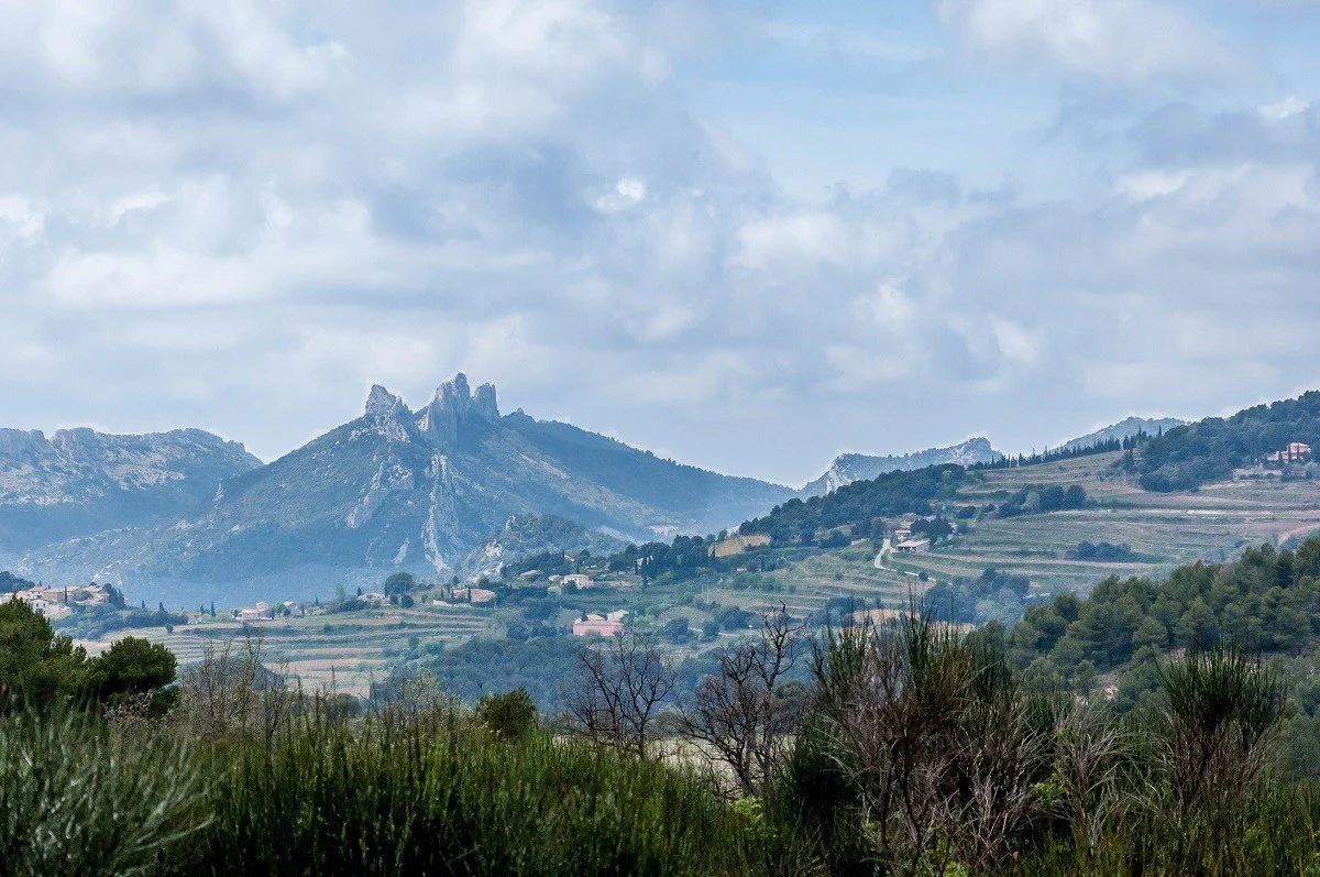 View of mountains and vineyards along the Cotes du Rhone wine road