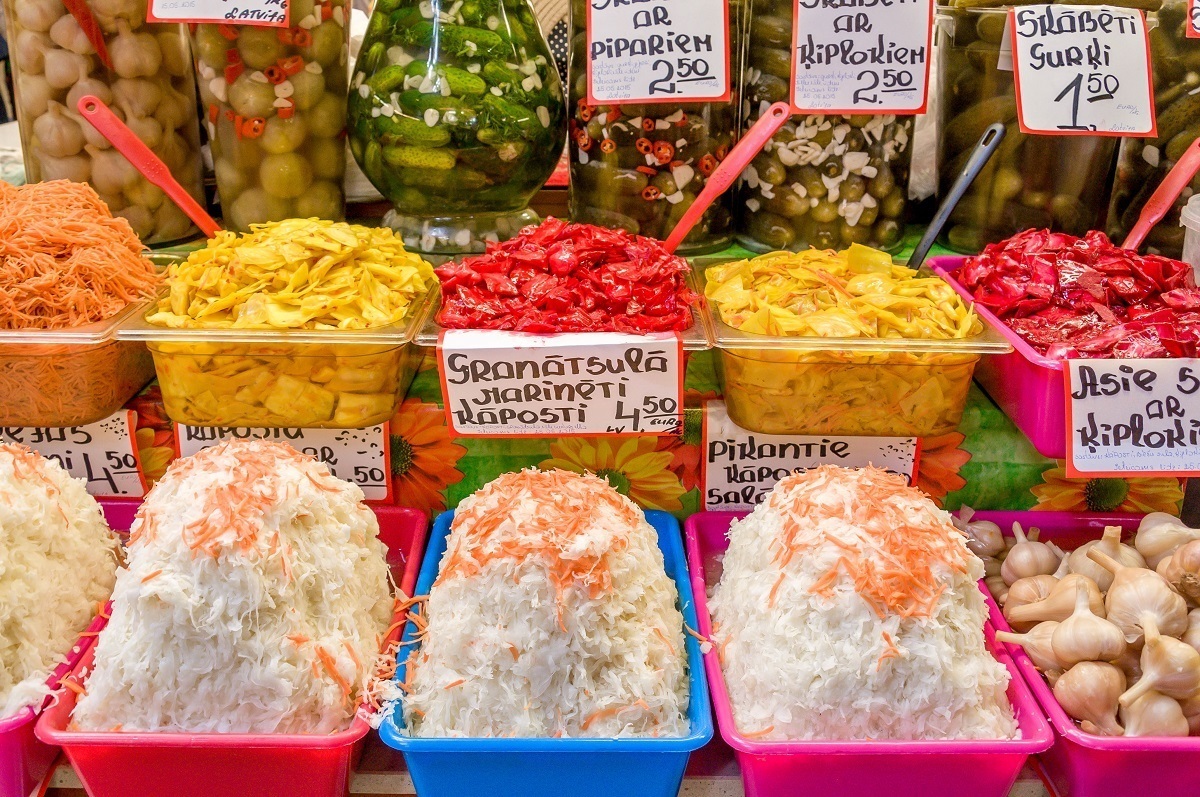 Pickles and coleslaw at a food market in Latvia 