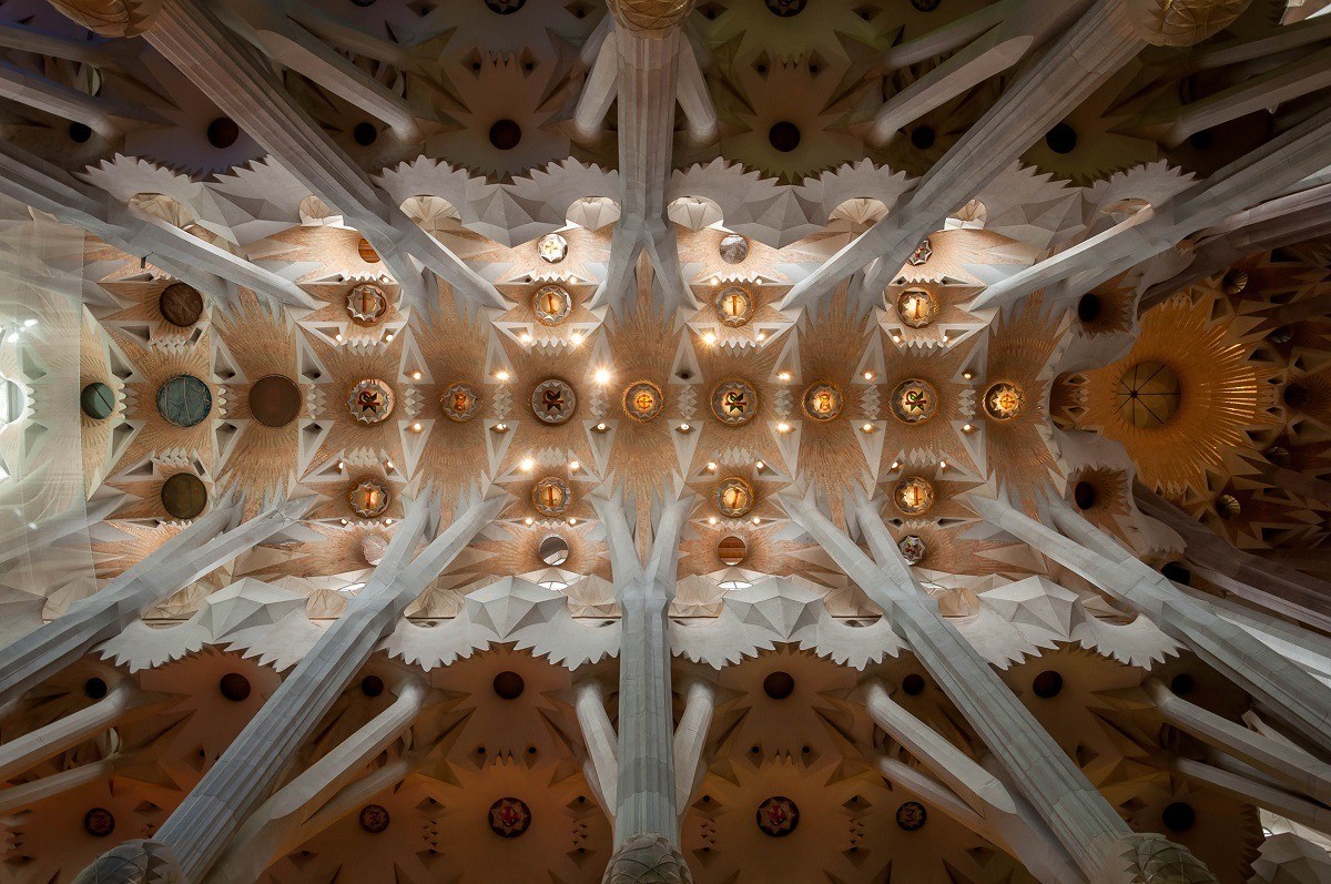 The ceiling of Sagrada Familia with the tree-like columns