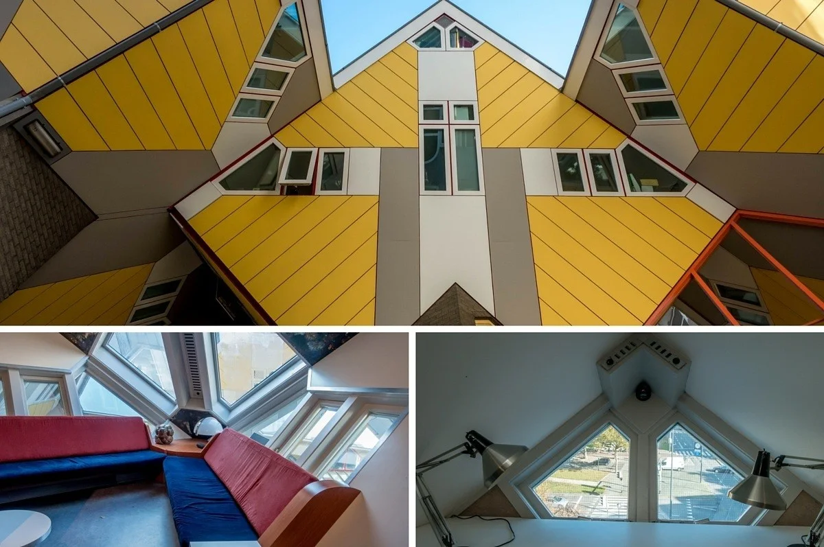 Collage of photos including close up of yellow Cube Houses and angular interior details