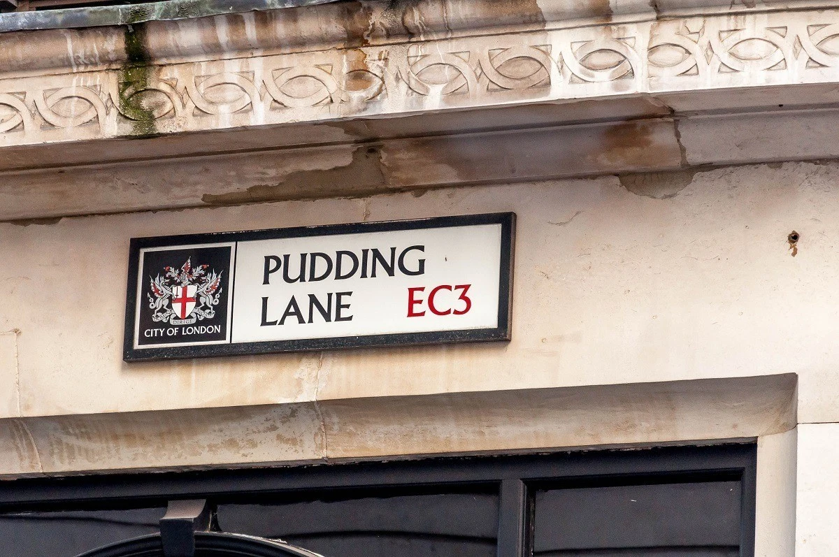 Sign for Pudding Lane, where the Great Fire of London started