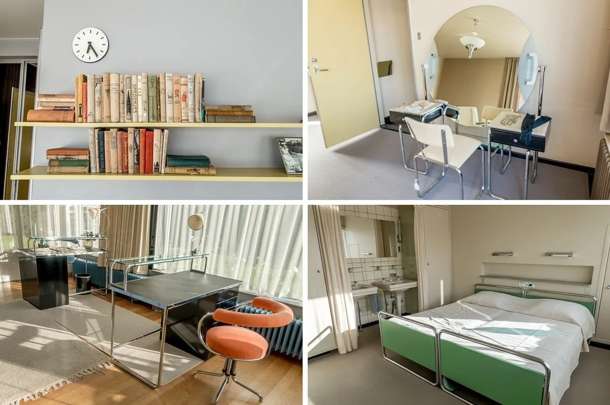 Collage of four photos with modern furnishings in the Sonneveld House
