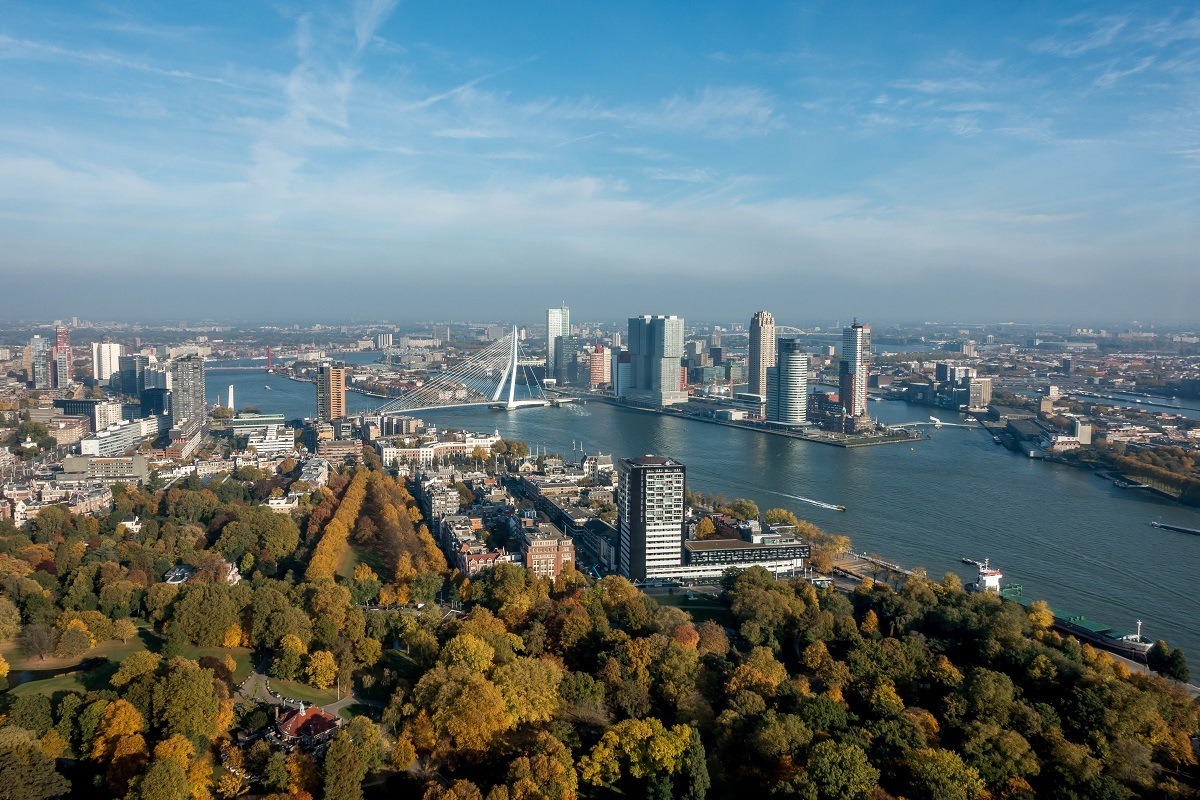 The skyline of Rotterdam, Netherlands, including buildings, bridges, and trees