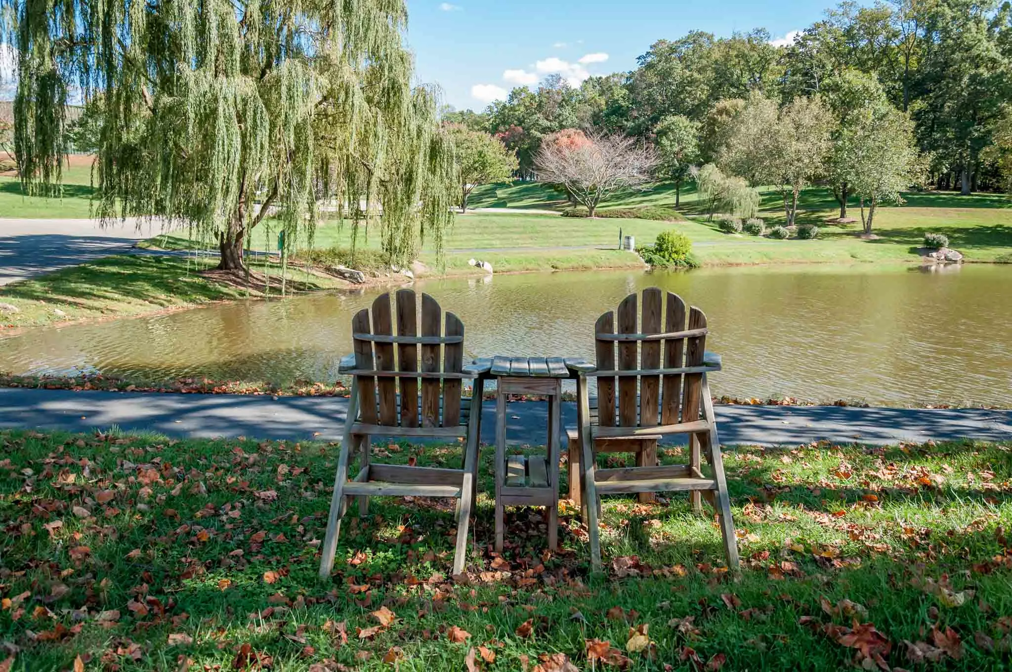 Adirondack chairs by a pond 