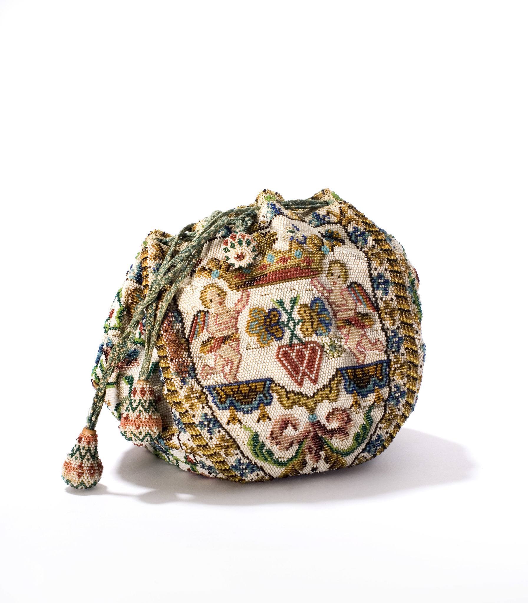 One of the beautiful 18th century glass bead bags on display 