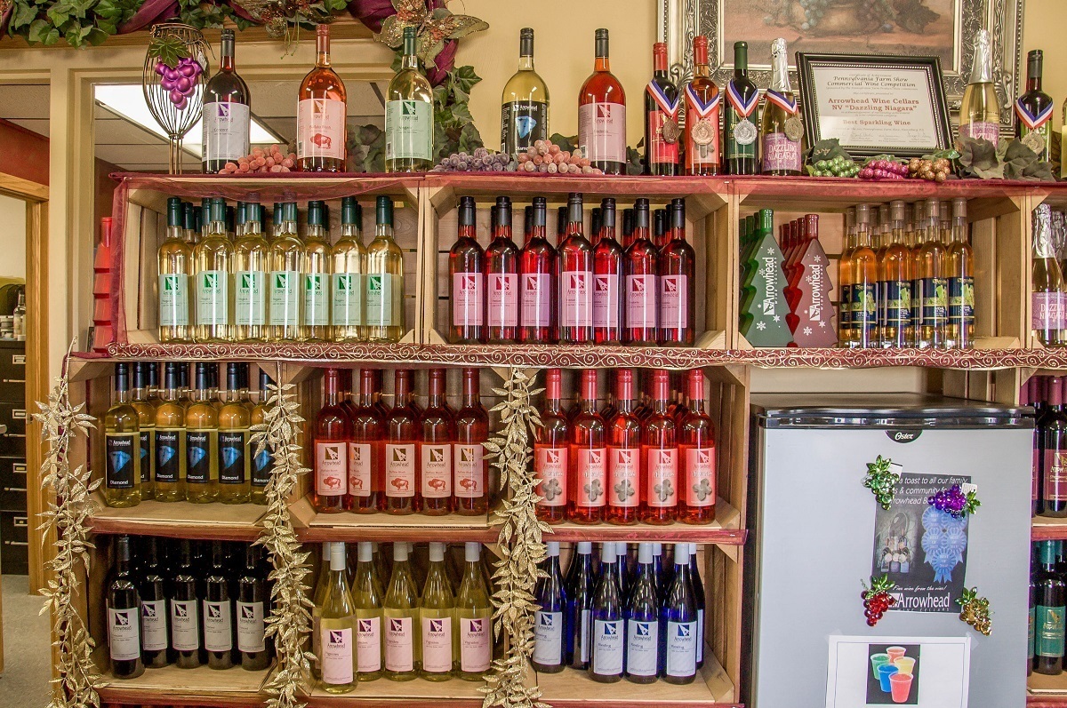 Wine bottles on display at Arrowhead Wine Cellars 