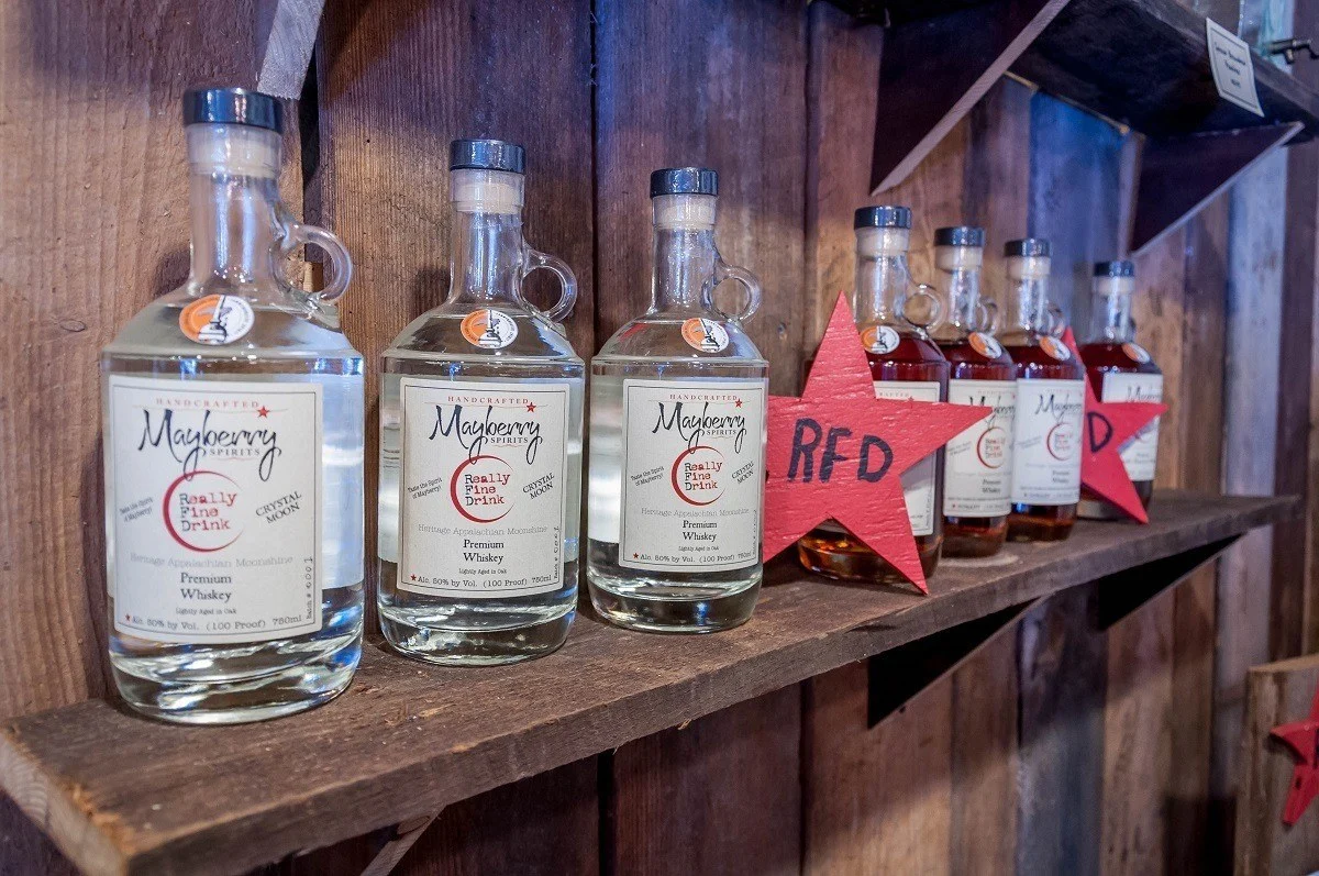 Mayberry Spirits' moonshine bottles on a shelf