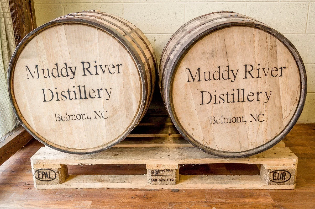 Rum aging in barrels at Muddy River Distillery
