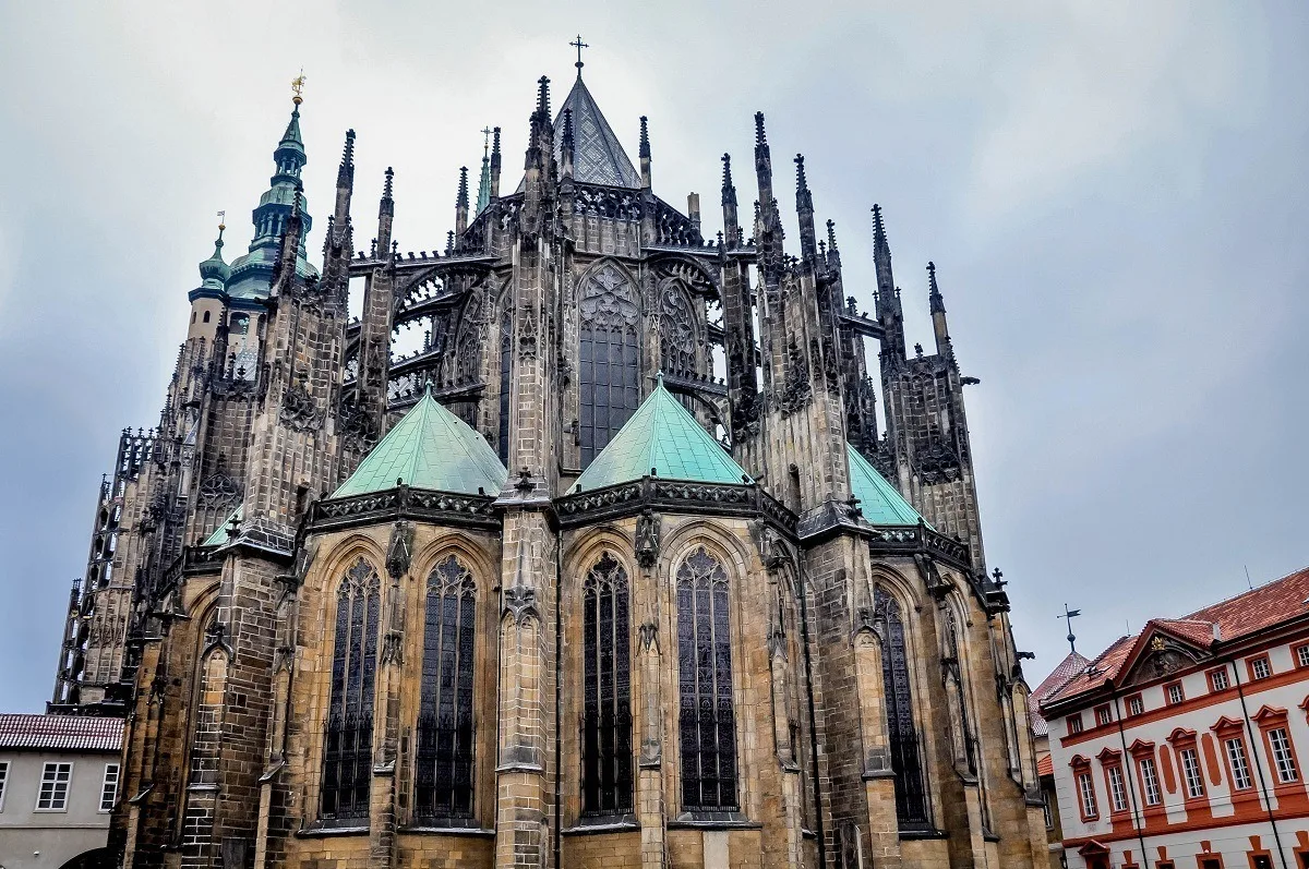 Ornate St. Vitus Cathedral with spires and stained glass windows