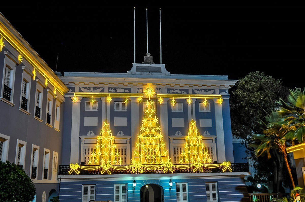 Holiday lights on the Governor's Mansion in San Juan