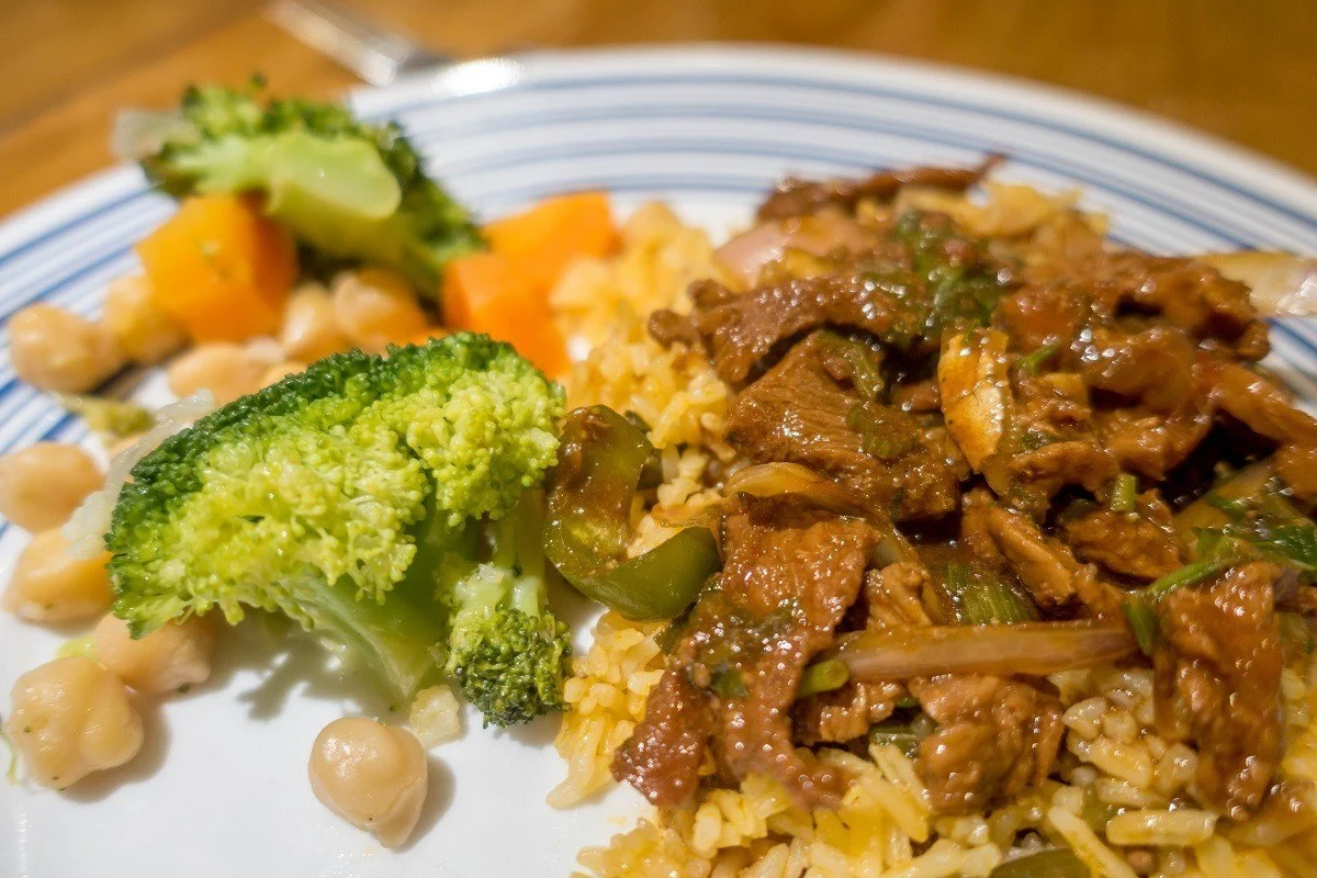 Broccoli, meat and rice for dinner on one of the Galapagos cruise boats